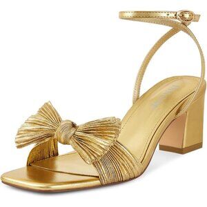 Women's Gold Bow Knot Ankle Buckle Strap Open Toe Block Chunky Heeled Sandals